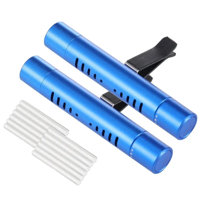 Solid metal car air vent clip air freshener with odourless incense sticks in one of five colour options.