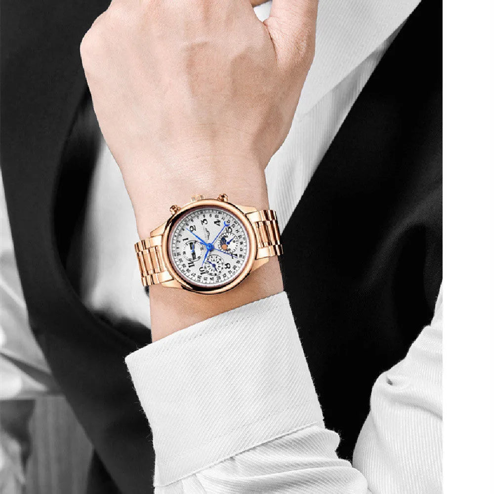 Men's mechanical perpetual calendar watch with moon phase display on black leather strap