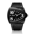 Men's casual wristwatch with a distinctive triangle-shaped strap on a wrist