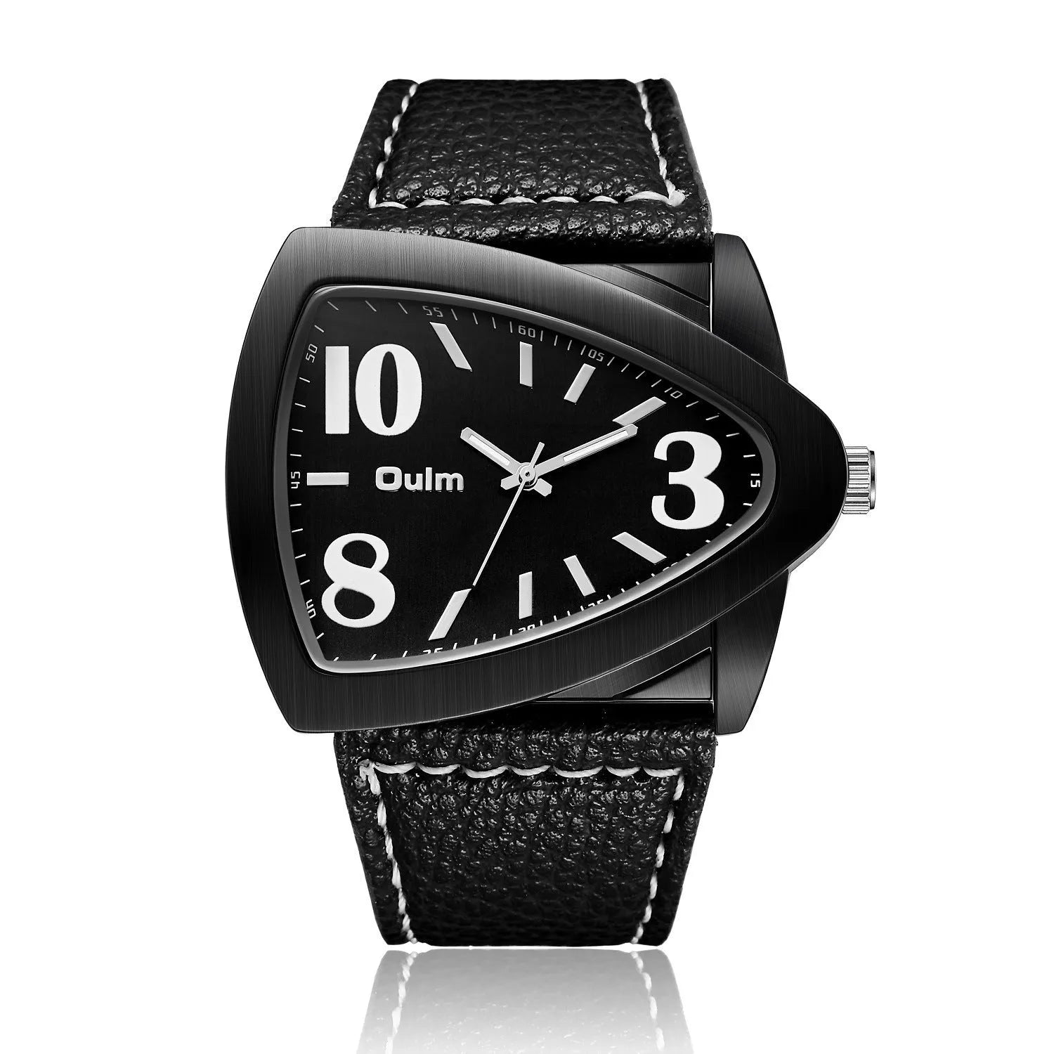 Men's casual wristwatch with a distinctive triangle-shaped strap on a wrist