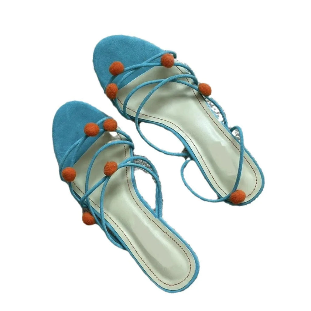 Cyan-coloured women's lace-up heeled sandals with thin straps and open toe design