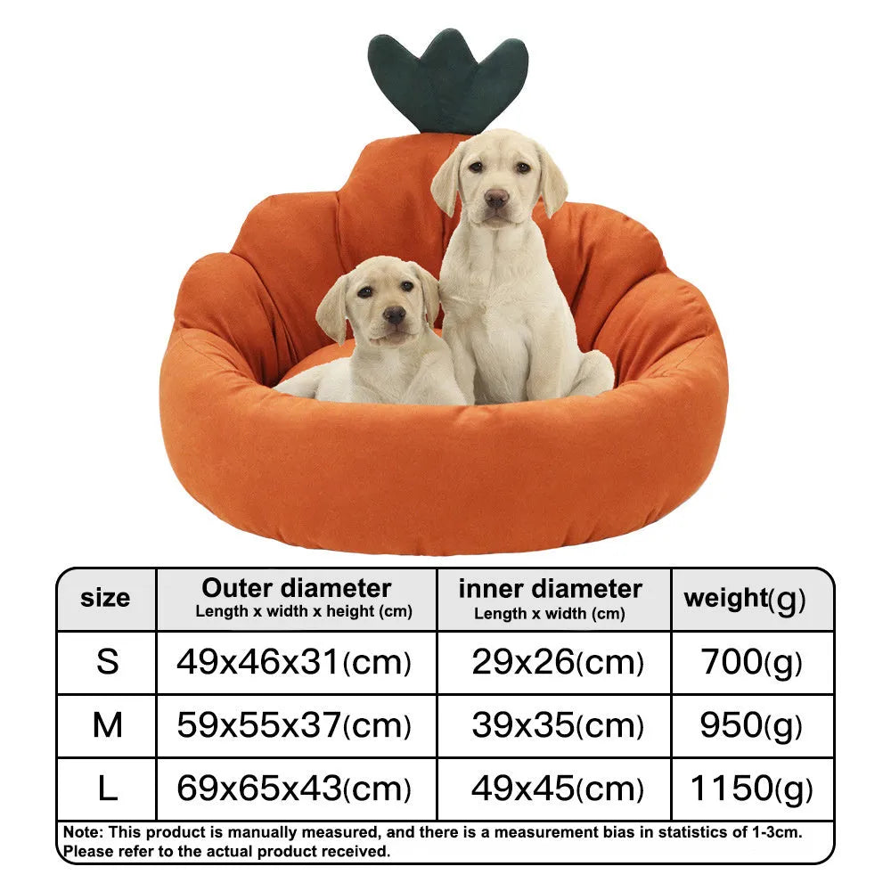 Carrot-shaped kennel bed for small and medium dogs in plush fabric, available in multiple colours and sizes S M L