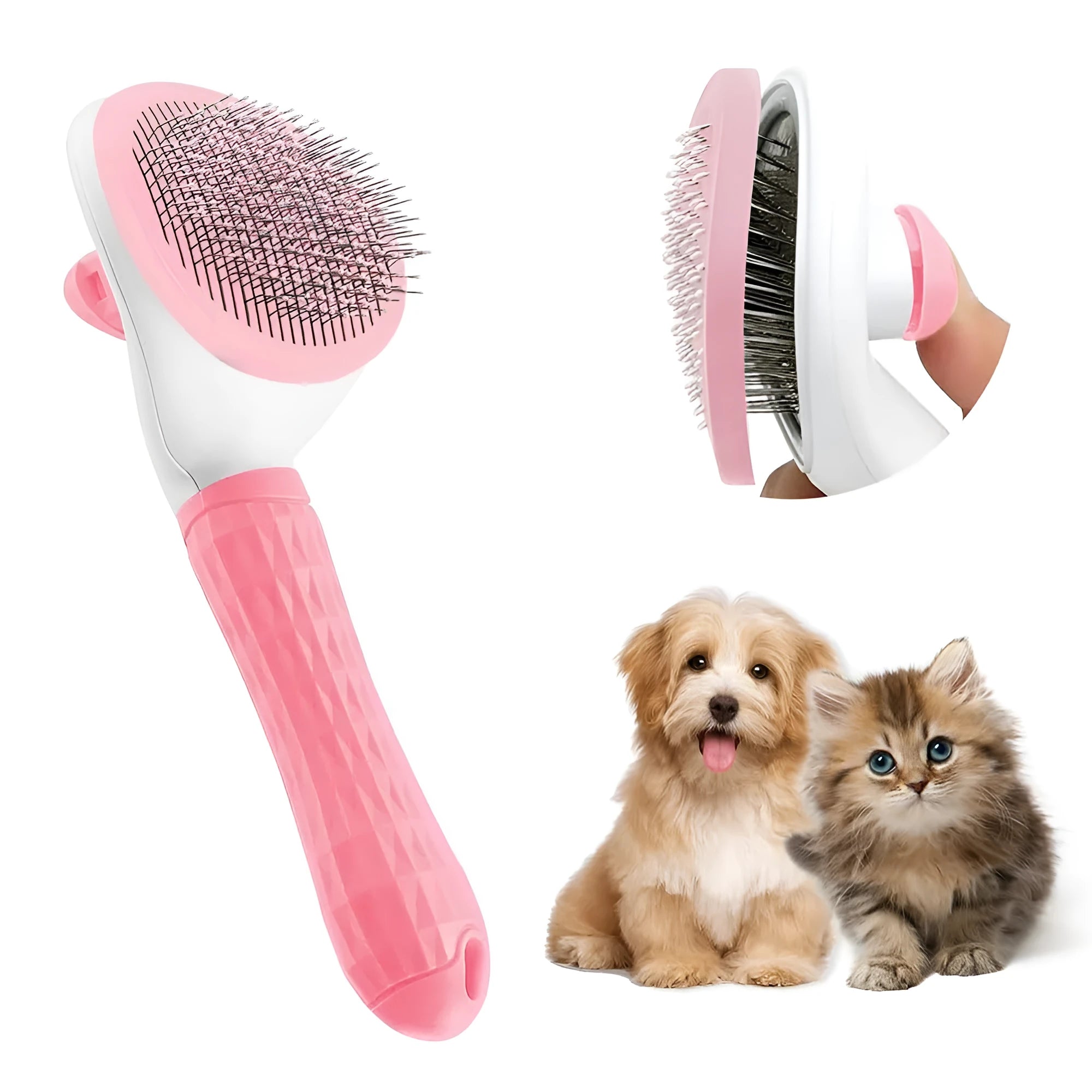 Blue cat deshedding brush with a release button, fine wire bristles, for removing loose fur from pets.