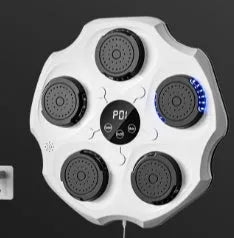 Black Bluetooth music boxing wall target hanging on wall with boxing gloves.