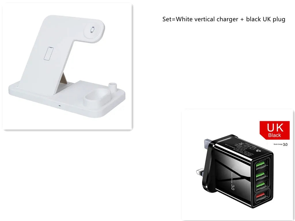 A white 4-in-1 wireless charger folded flat, showing charging pads for phone, Apple Watch, AirPods, and Apple Pencil.
