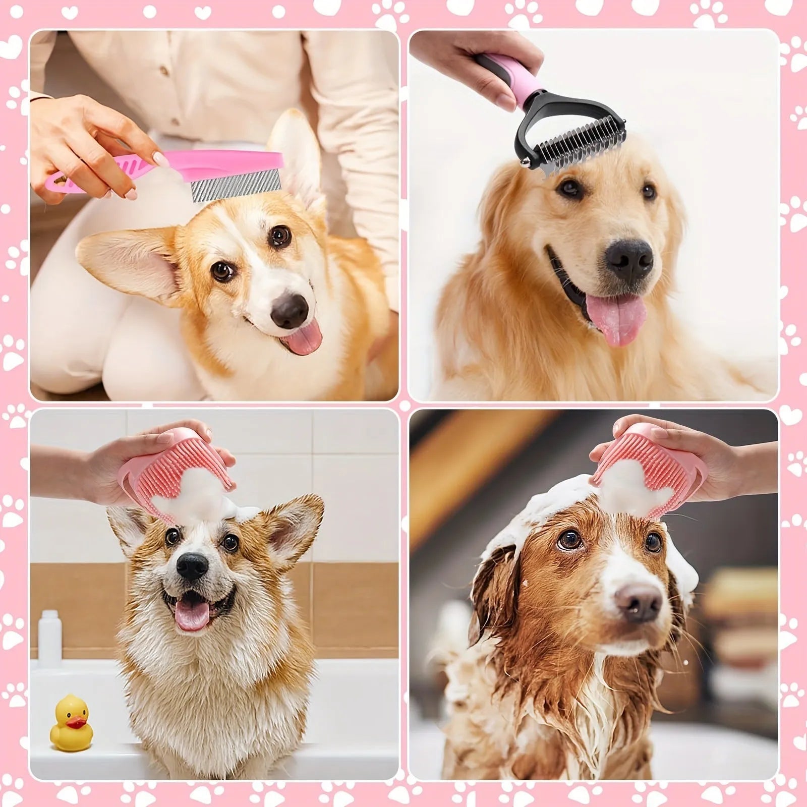 8-piece stainless steel dog grooming tools set with self-cleaning bristles in pink or blue colour