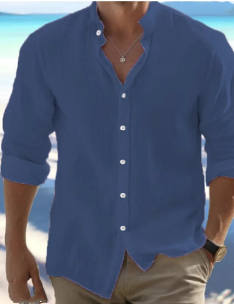 Men's light grey casual button-front cotton summer shirt on a hanger.