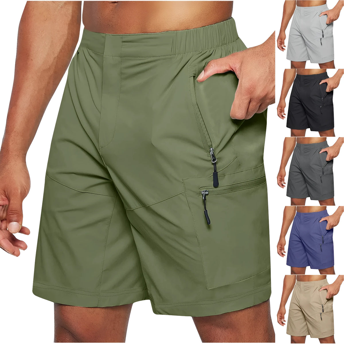 Men's casual knee-length shorts with elastic waist, straight leg, zipper fly, available in six colours.
