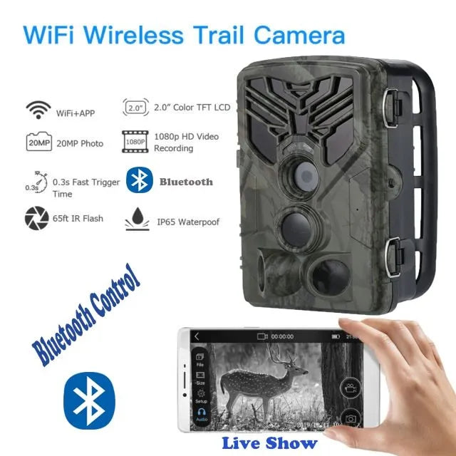 Wifi830 compact WiFi hunting camera with camouflage finish, showing lens and infrared LEDs