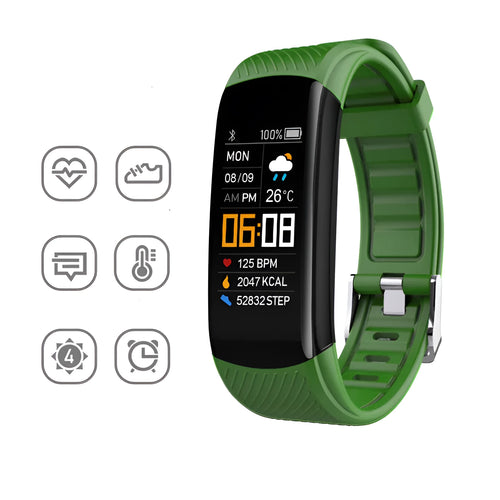 Adult sports silicone pedometer bracelet with a 0.96-inch touchscreen display on a wrist.