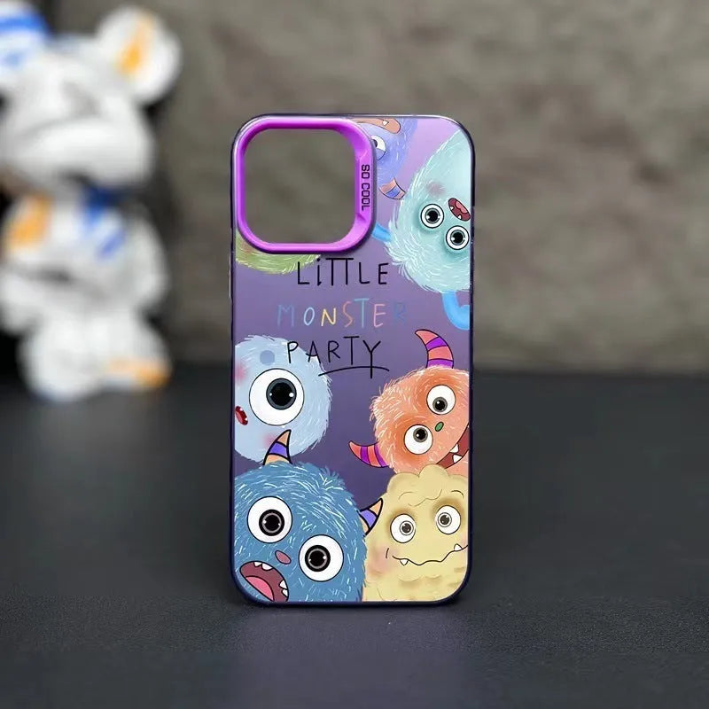Little Monster Family cartoon hard PC phone case for Apple iPhone in four colours: black, blue, green, purple