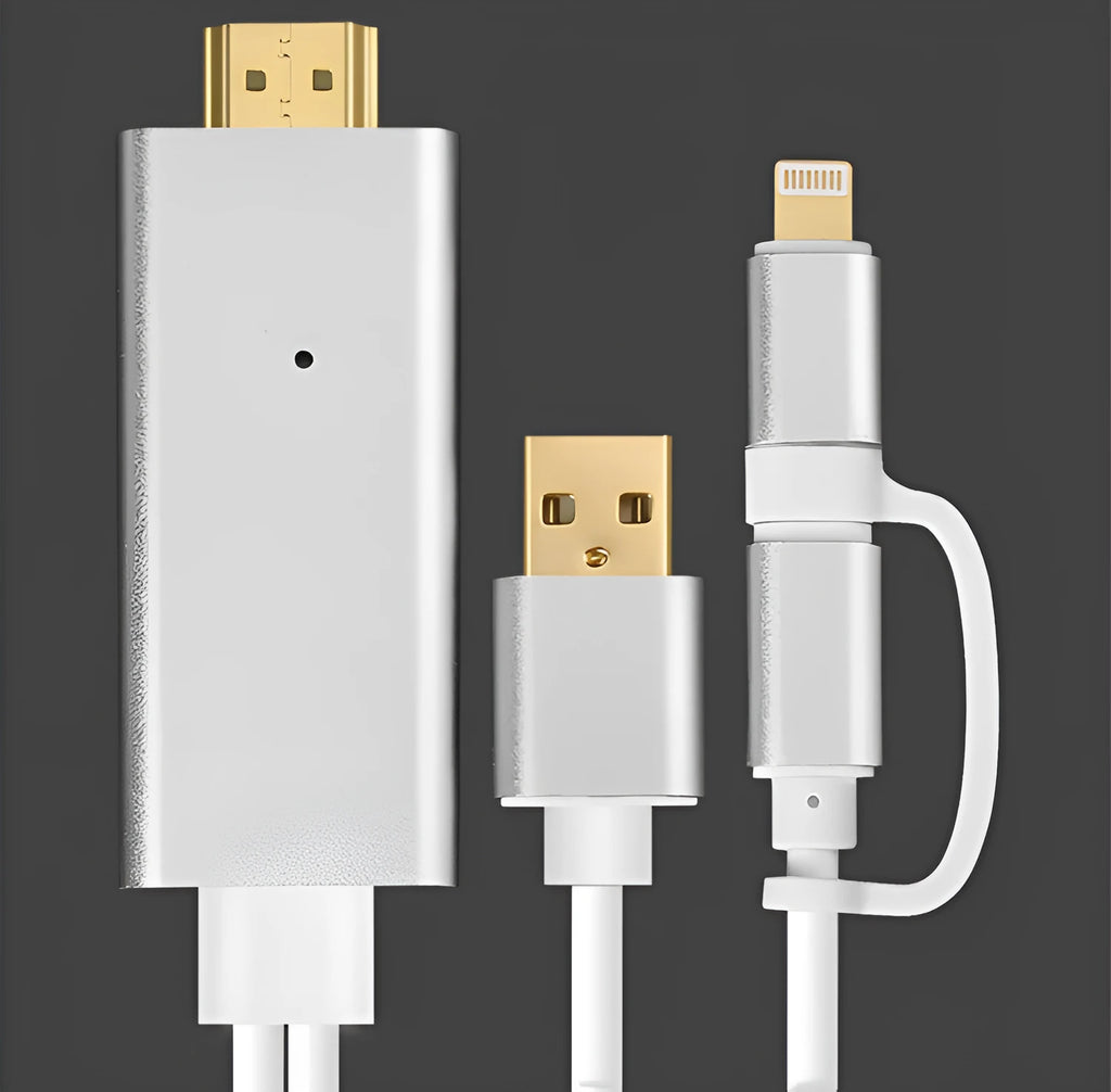 Silver HDMI 2-in-1 plug-and-play cable adapter 2 metres length on white background