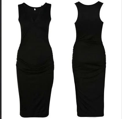 Sleeveless deep V-neck maternity dress in black solid polyester for casual pregnancy wear