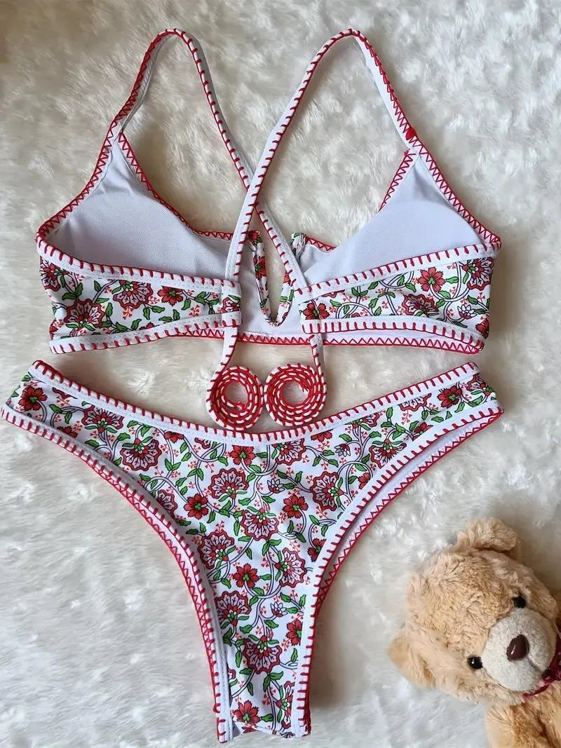 Women's V-neck swimsuit with floral embroidery print in quick-drying polyester fabric