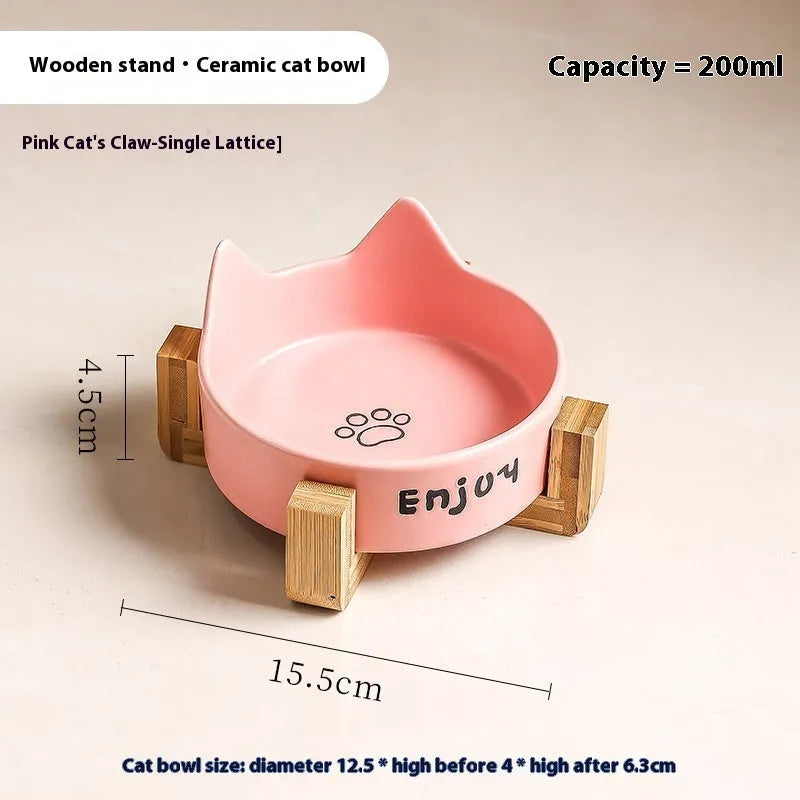 Porcelain cat bowl with wooden anti-tumble frame in cat ear design