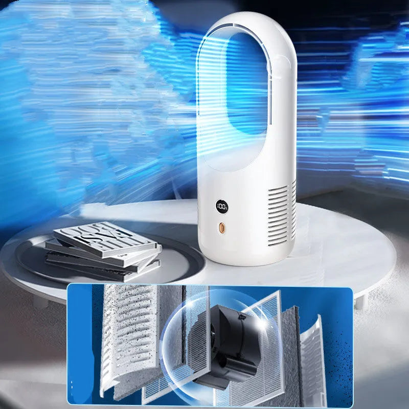 Desktop bladeless USB fan with LED display and rechargeable battery for portable cooling