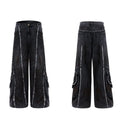 Black raw edge distressed denim coat and pants set with a splash-dyeing gradient pattern