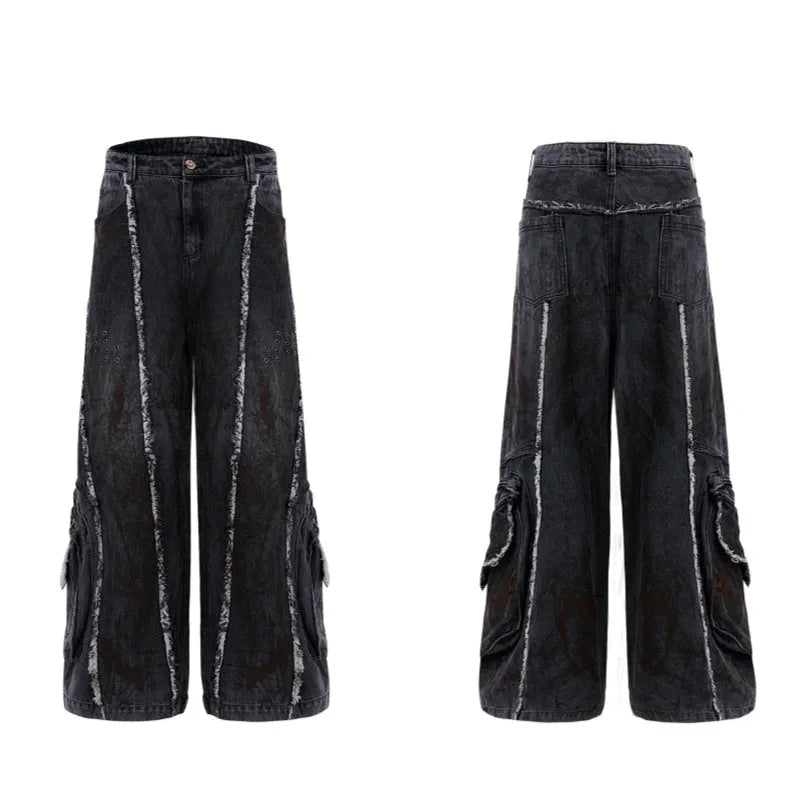 Black raw edge distressed denim coat and pants set with a splash-dyeing gradient pattern