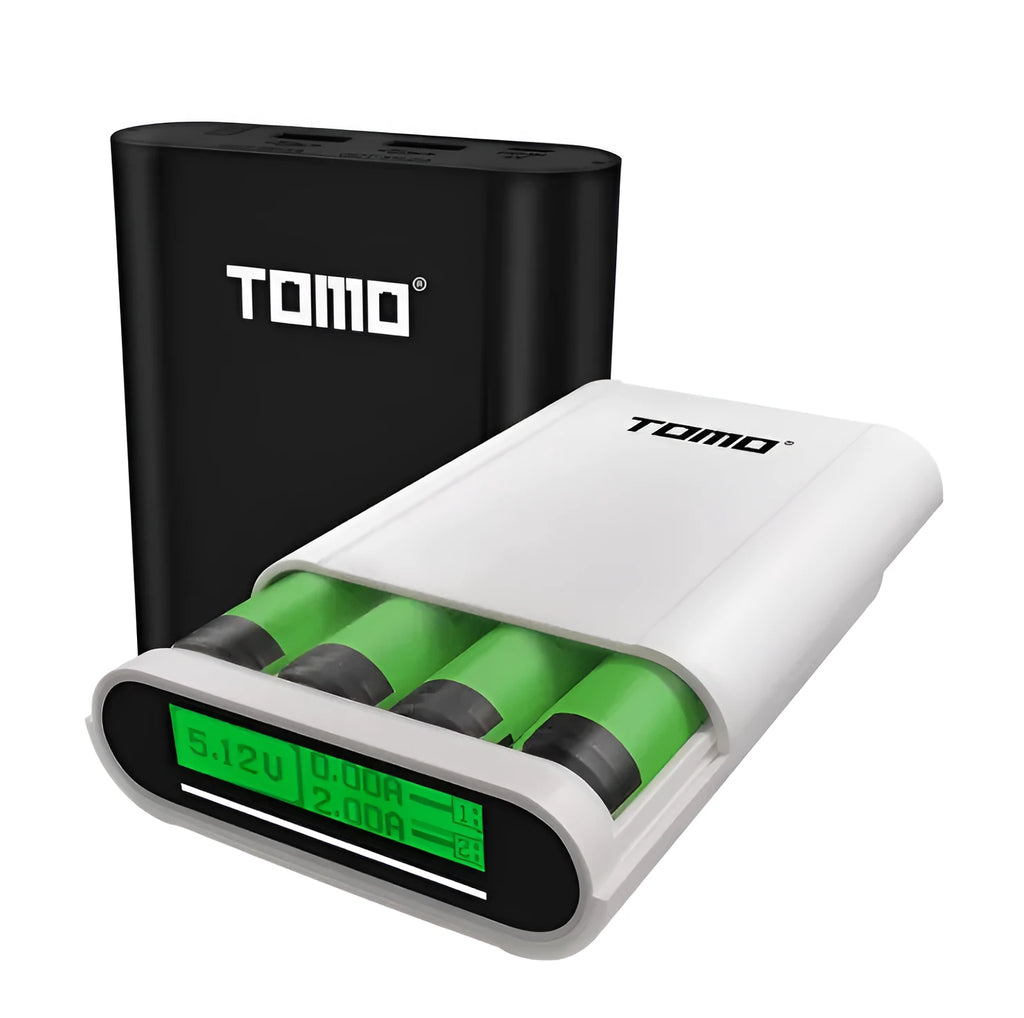 Black and white DIY mobile power box and 18650 battery charger with LCD screen and USB ports.