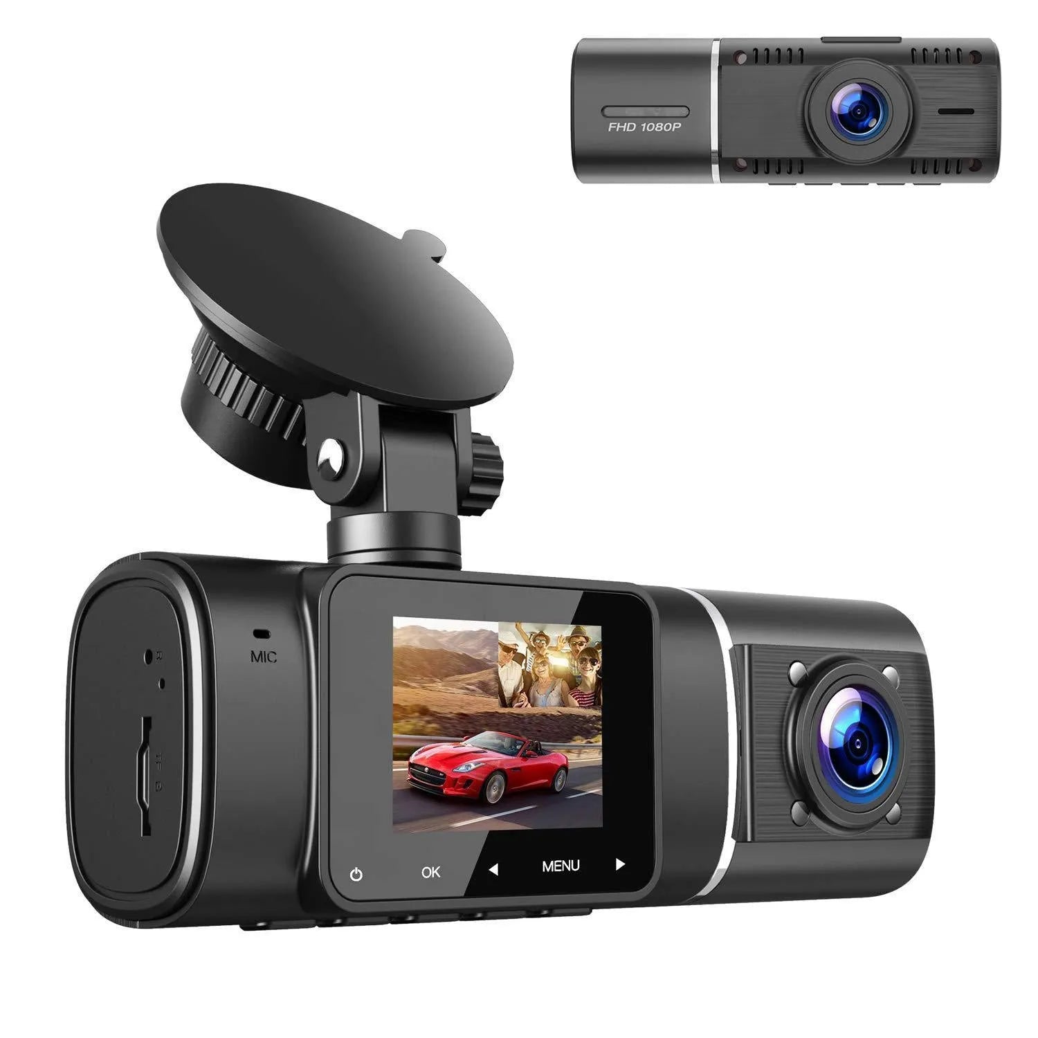 Black dual-channel car dash cam with 1.5-inch screen mounted on windshield next to rear-view mirror.