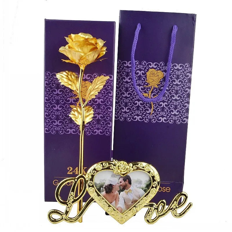 Gold-plated artificial rose with velvet stem on neutral background, available in multiple colours