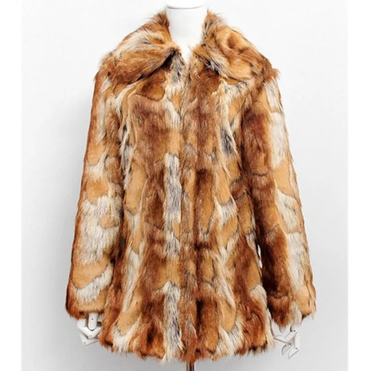 Tiger pattern artificial faux fur leather jacket for women, slim fit and mid-length.