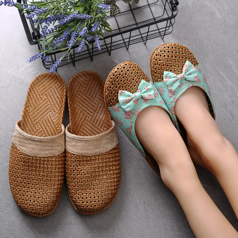 Indoor non-slip thick-soled floor linen slippers with toe holder, available in multiple colours