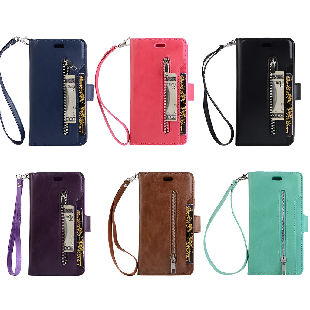Multi function zipper wallet mobile leather case for Samsung Galaxy S10, flip style, in Black, with card slots and wrist strap.