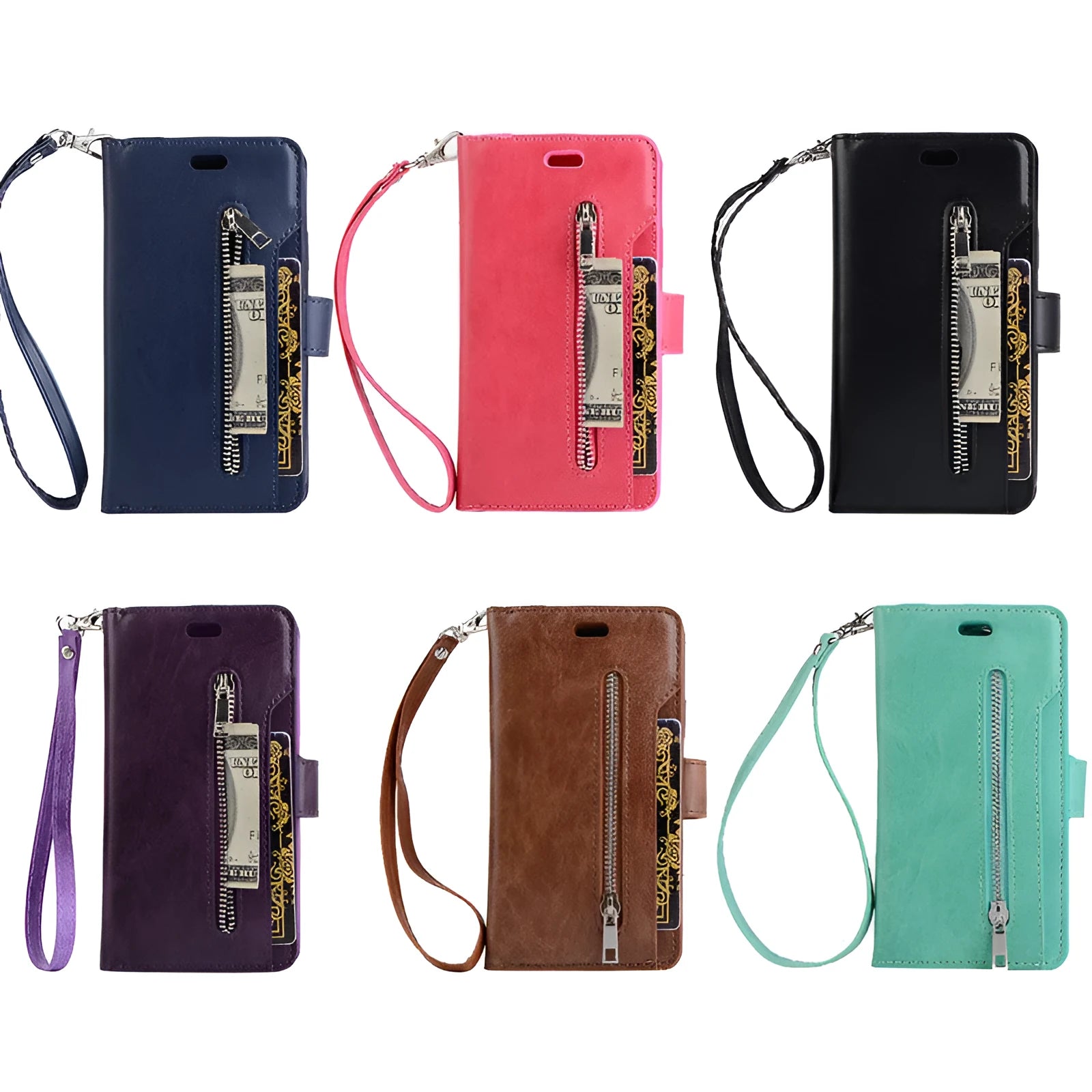 Multi function zipper wallet mobile leather case for Samsung Galaxy S10, flip style, in Black, with card slots and wrist strap.