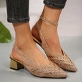 Women's plus size rhinestone pointed toe low heel shoes in champagne, side view