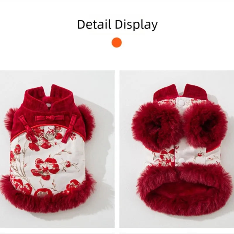 Chinese-style pet jacket with stand-up collar and festive prints in red or pink for small dogs and cats
