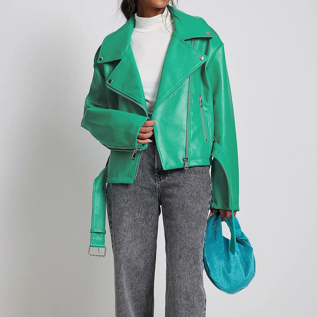 Black punk locomotive jacket with a round Peter Pan collar and a drawstring waist on a hanger.