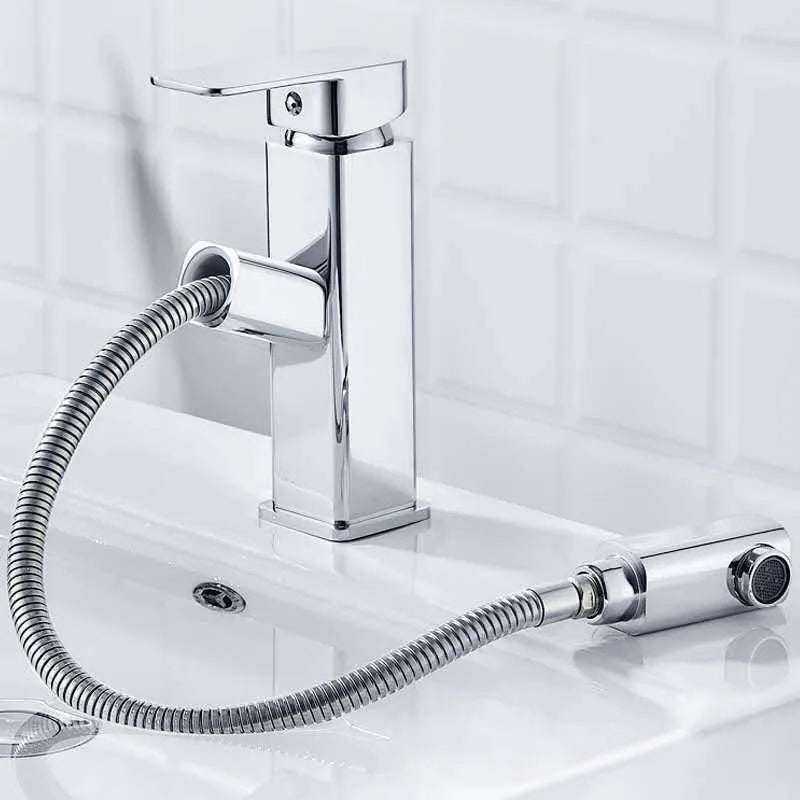 Square pull-action faucet in brushed gold finish for kitchen or bathroom sink.