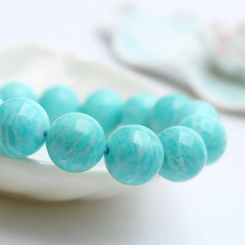 Natural Amazonite gemstone bracelet with round beads on elasticated cord in 8mm, 9mm or 10mm sizes