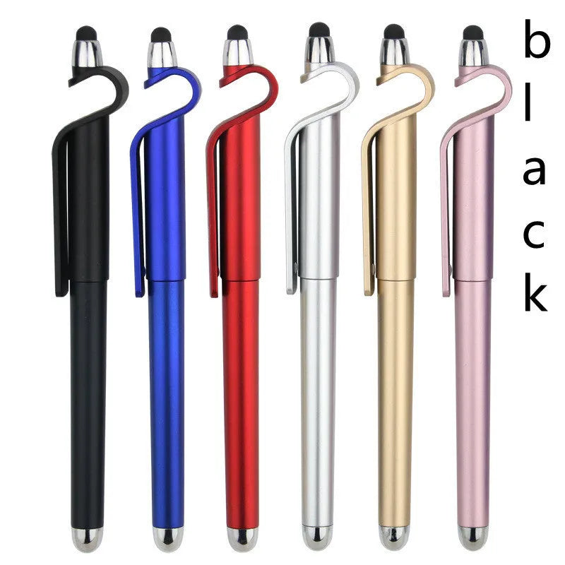 Multifunctional plastic pen with stylus tip and built-in mobile phone holder in black or blue.