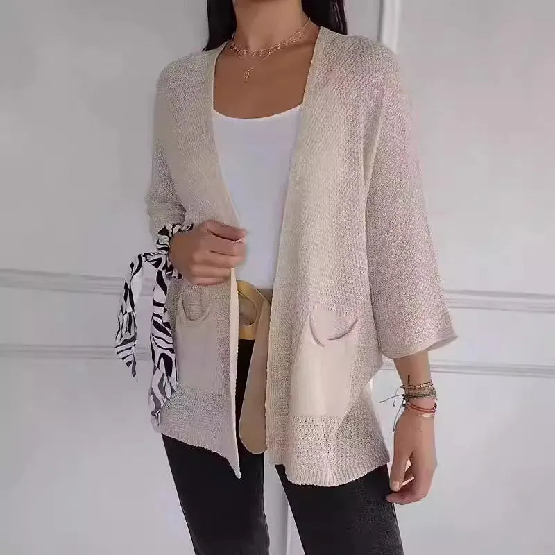 Women's thin waffle knit cardigan coat with nine-quarter sleeves in army green.