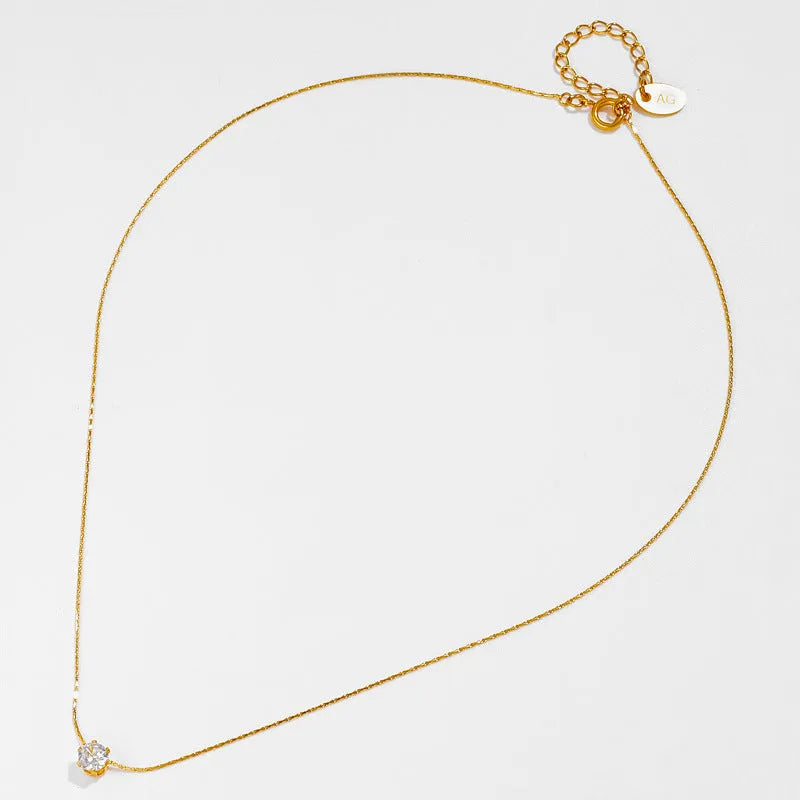 Gold plated 18K titanium steel six-claw round zircon pendant necklace with bamboo chain for women