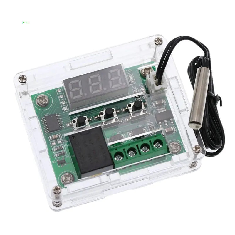 W1209 digital display thermostat with acrylic shell showing blue light indicators
