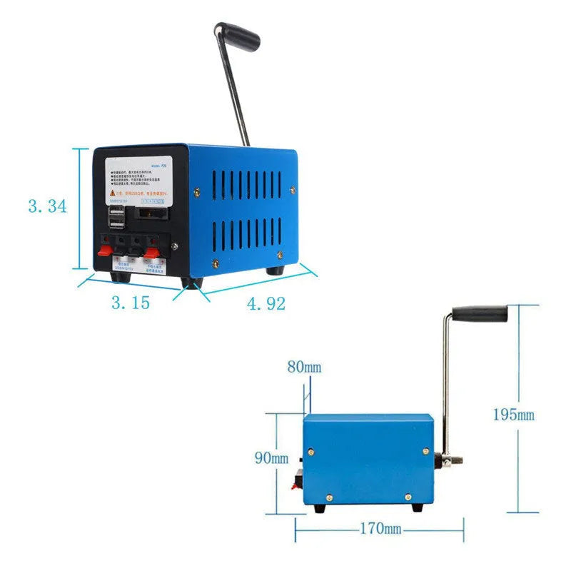 Blue metal hand crank emergency USB generator with anti-slip pads, showing compact size.