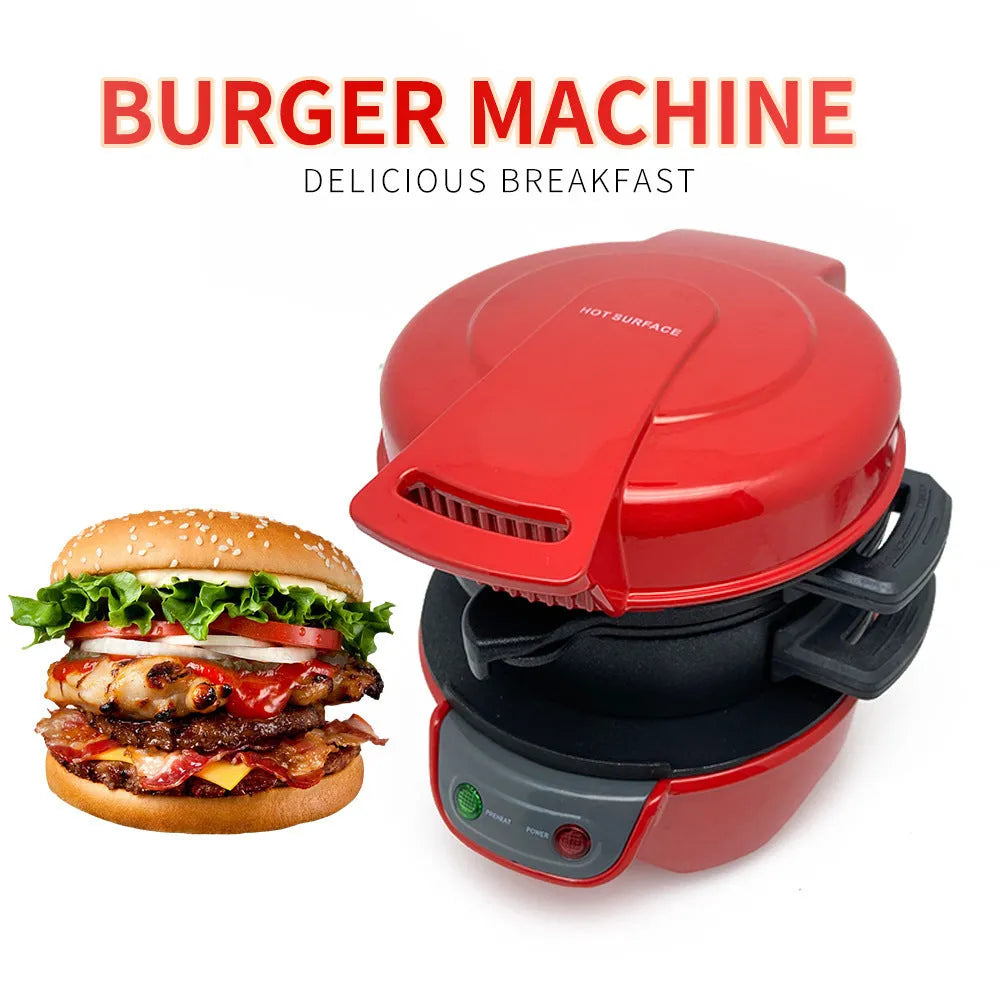 Household breakfast machine sandwich maker with egg cooker ring, 750W, in silver gray on a kitchen counter