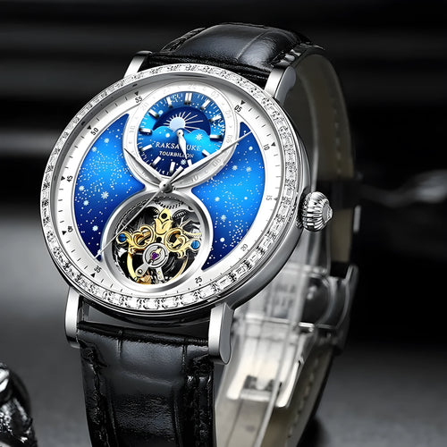 Automatic mechanical watch with black leather strap showing 14mm thick waterproof case on wrist