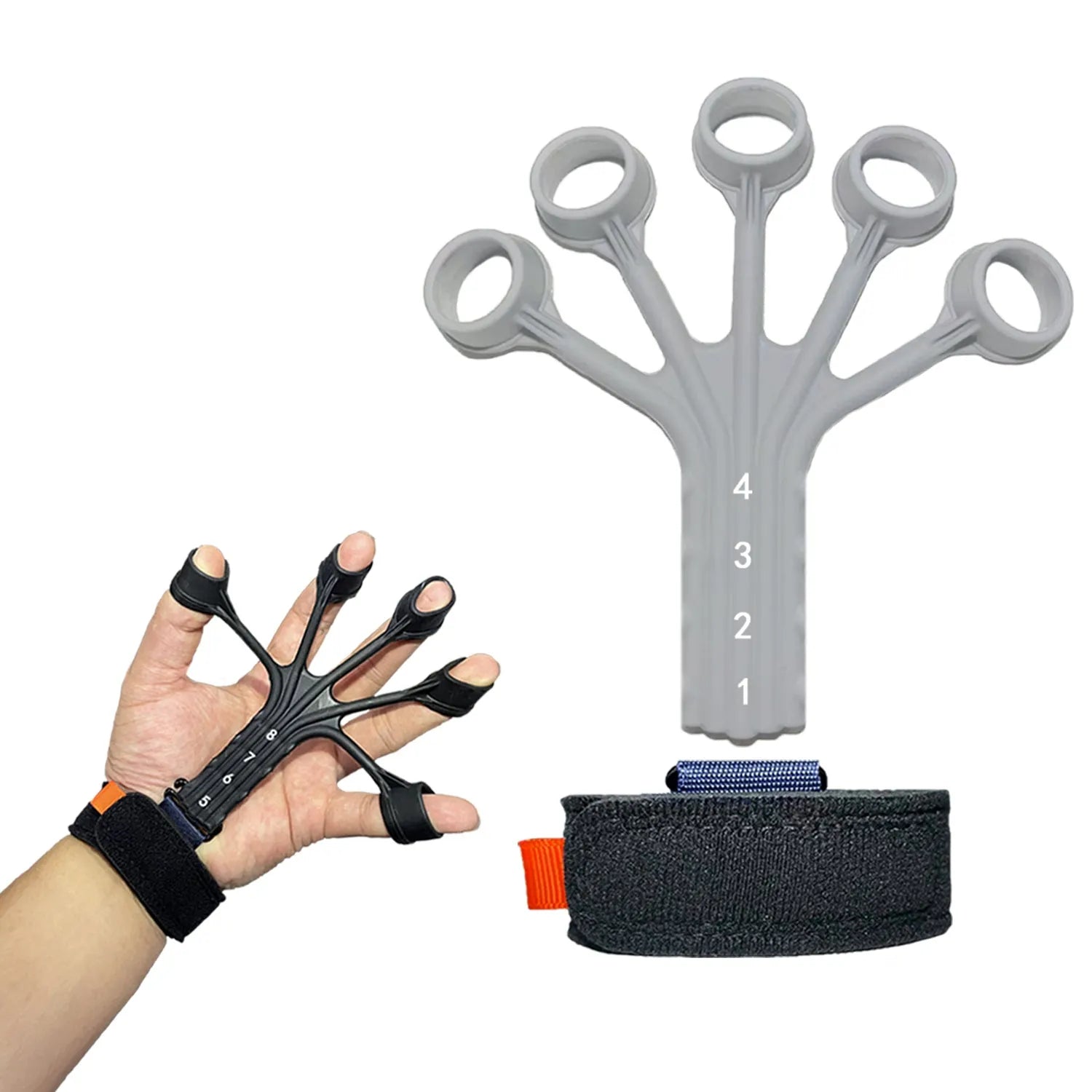 Black silicone finger tension rope puller with an adjustable belt for rehabilitation training
