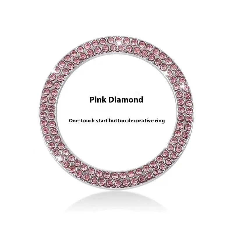 Automobile ignition button screen protector with double row Czech rhinestone in pink alloy casing