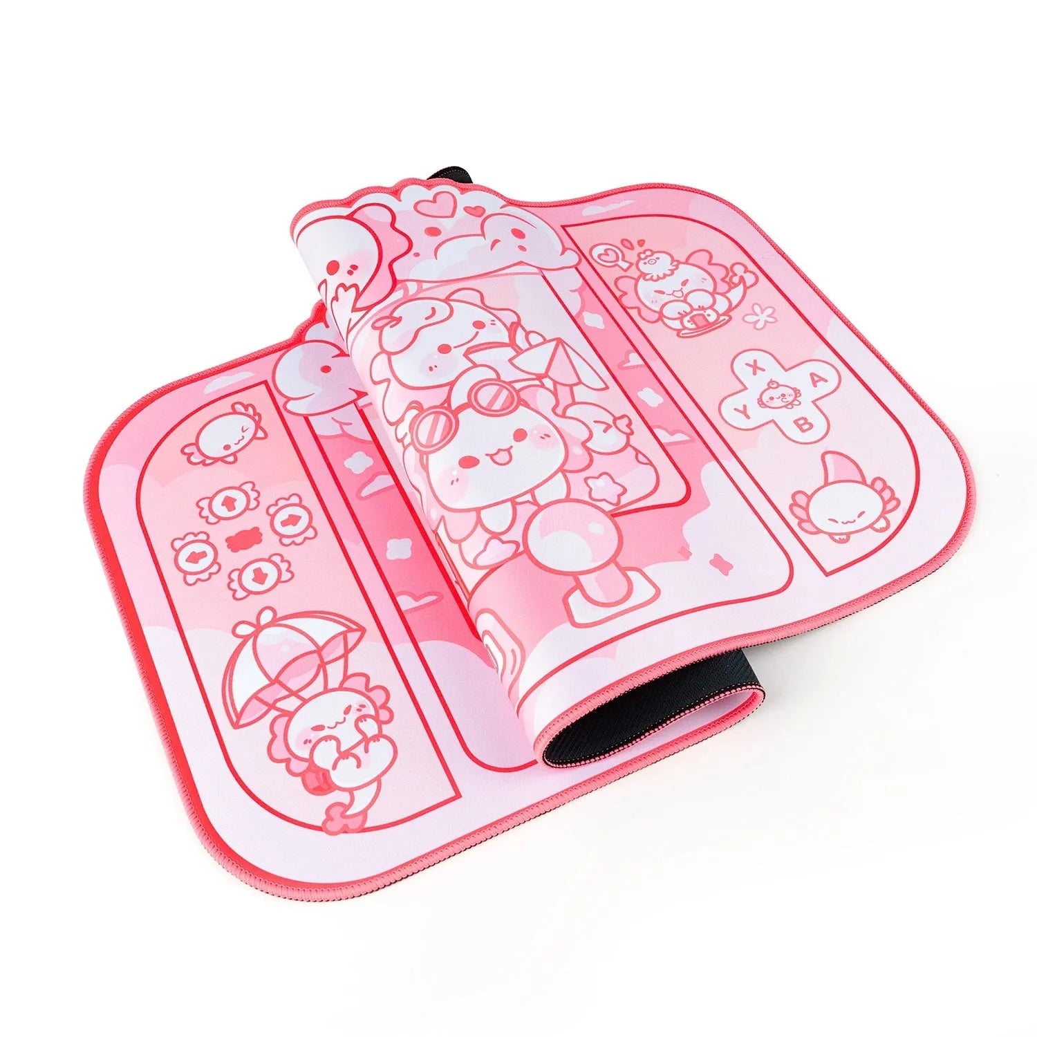 Hexagonal dragon crane machine cartoon anime print on a large 75x40 cm black cloth mouse pad with wrist rest.
