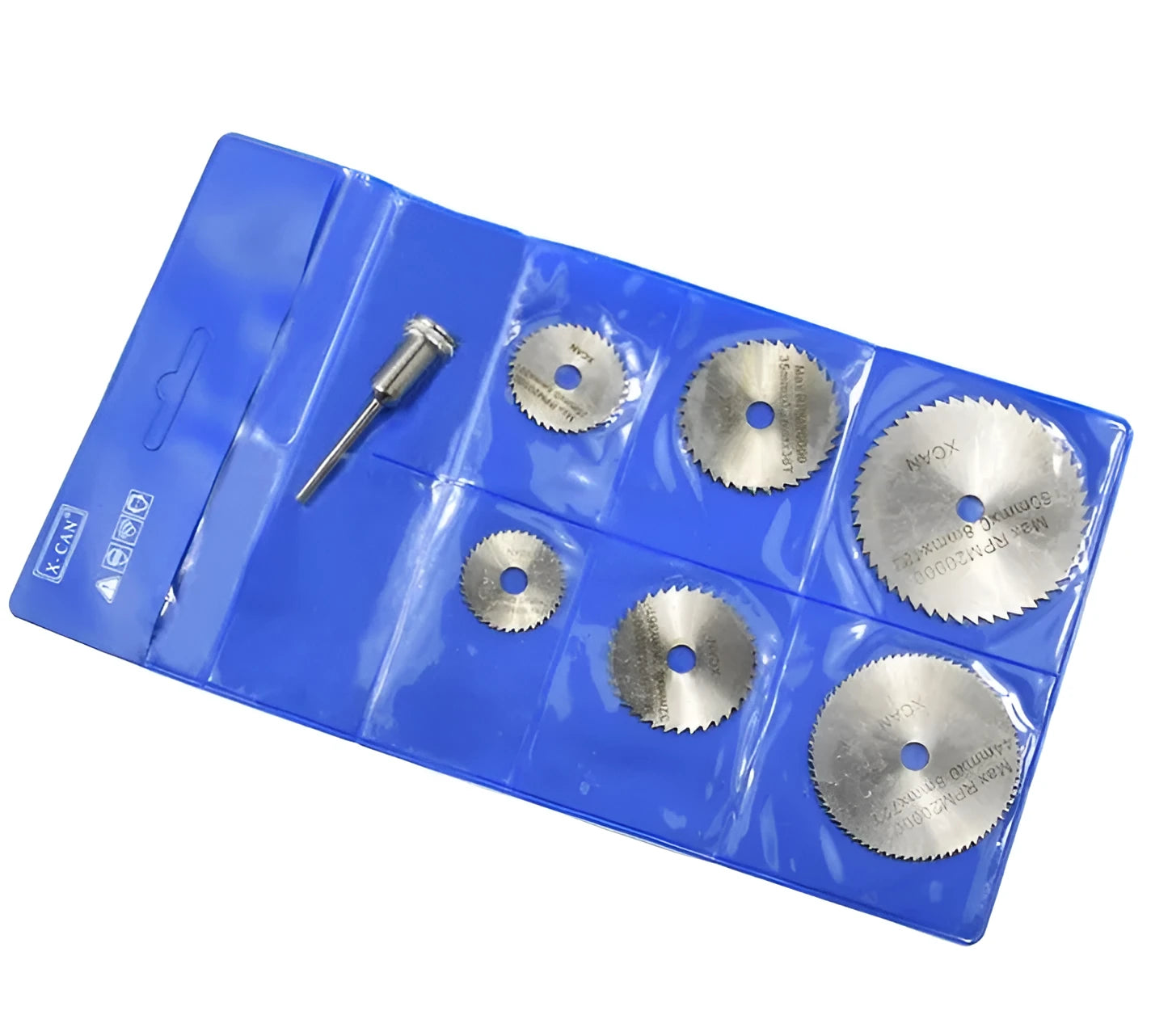 Set of 6 circular saw blades with mandrel for woodworking cutting applications
