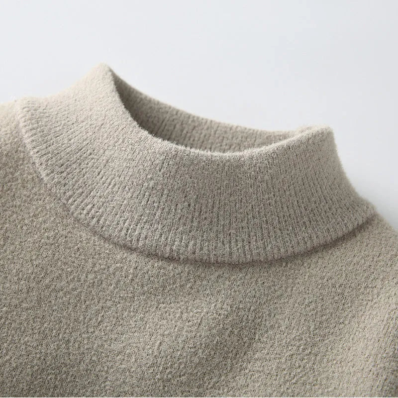 Men's velvet mock neck knitted sweater in dark gray, long sleeves, thickened pullover for autumn winter casual wear