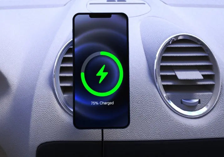 Black magnetic wireless car charger bracket with USB cable, compatible with Apple iPhone and Android phones