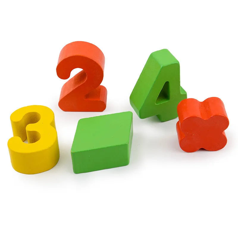 Wooden logarithmic board with colourful numbers geometric figures and beads for early childhood education