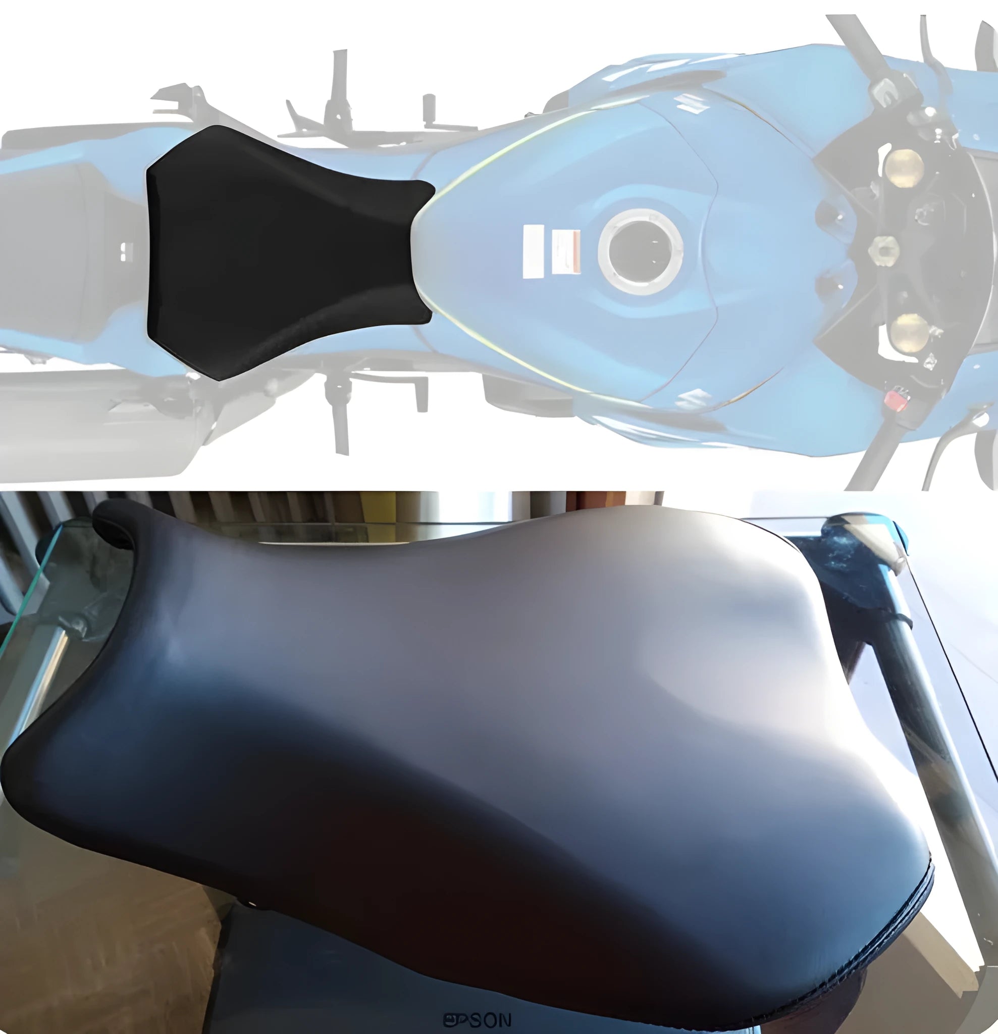 Suzuki GSXR1000 motorcycle with black PU leather seat covers installed on front and rear seats.