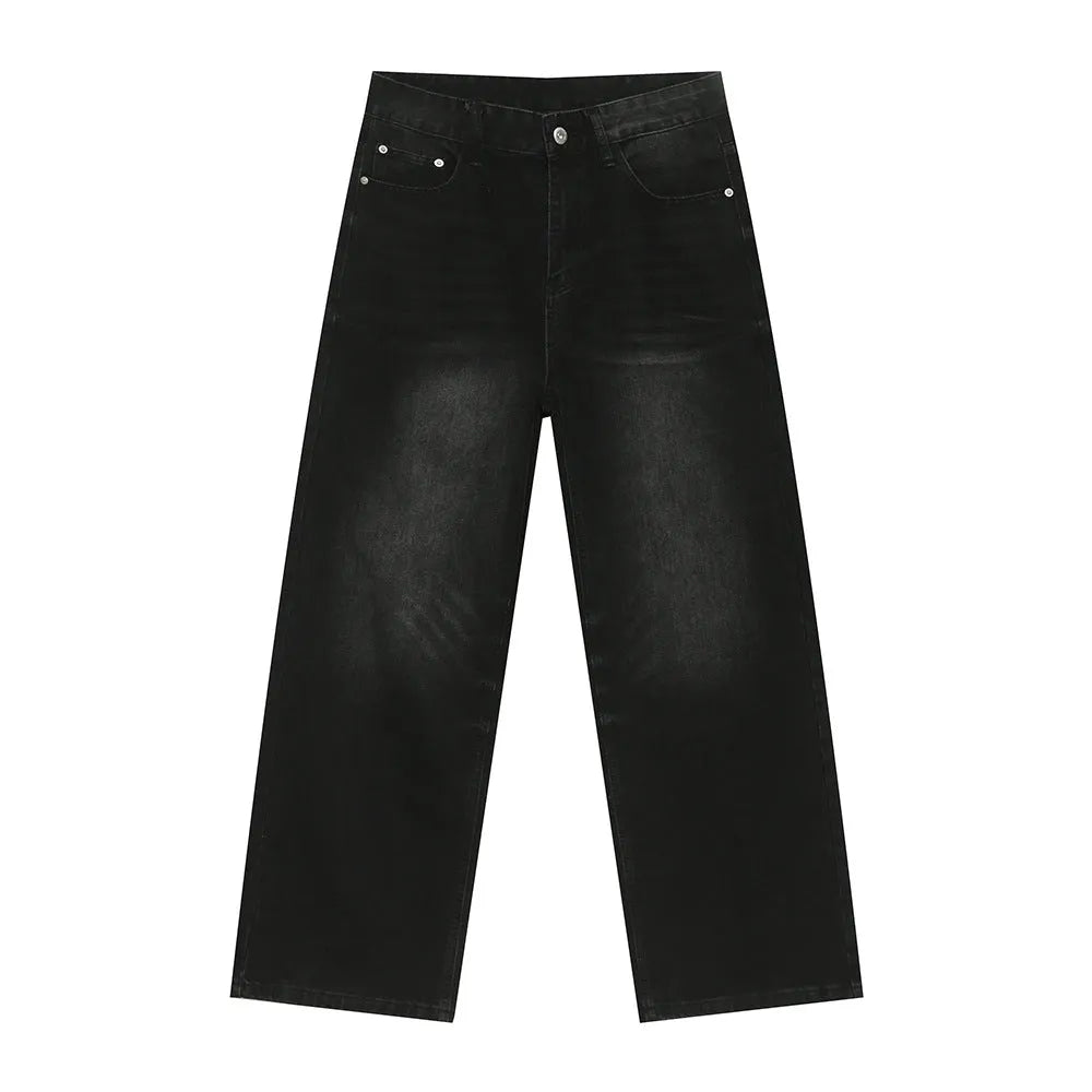 Men's loose straight washed cotton jeans in black gray, front view